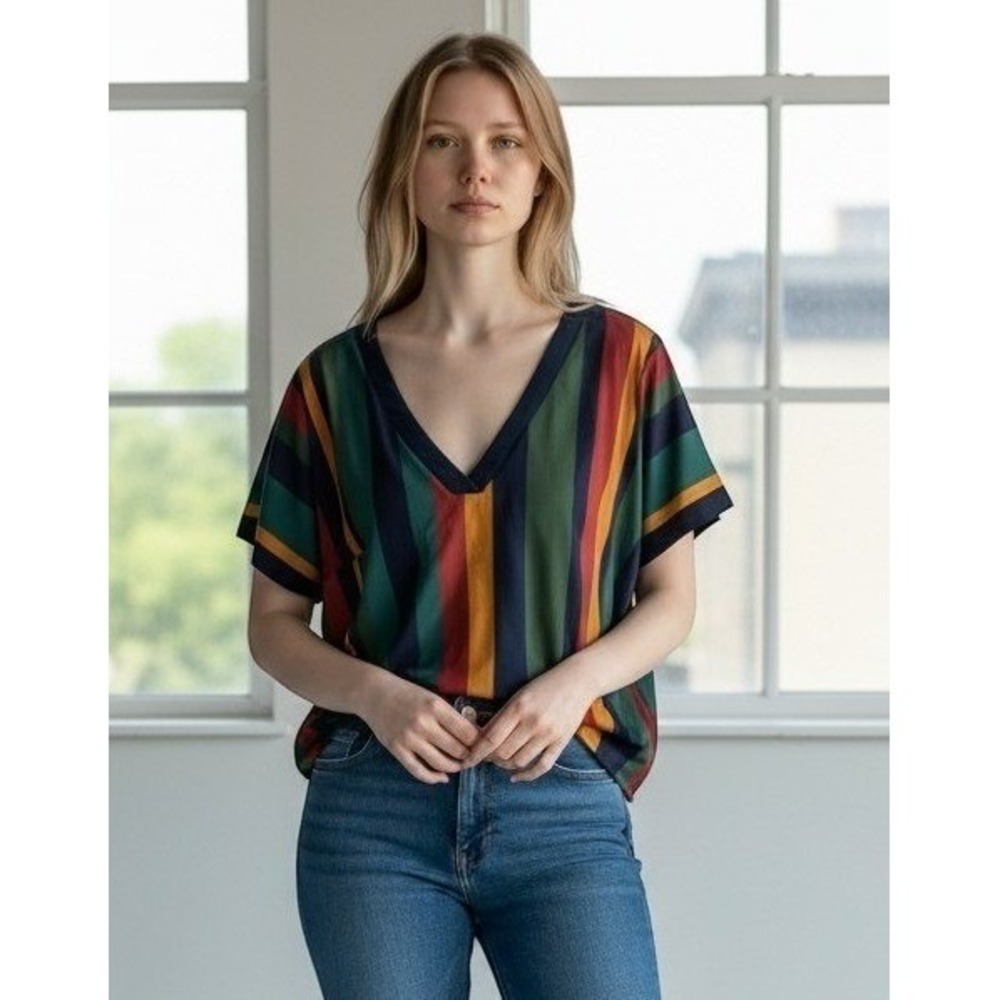SHEIN FIT+ Blouse Womens 24/26 Multicolor Stripe V Neck Tunic‎ Top Plus Size